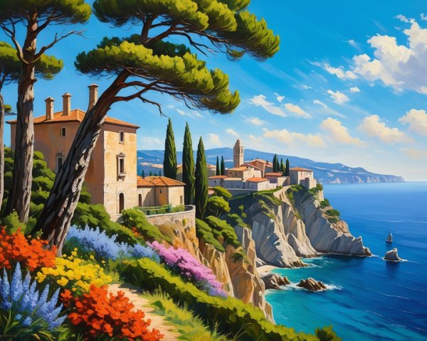 Coastal Village on Cliffs Overlooking Blue Sea