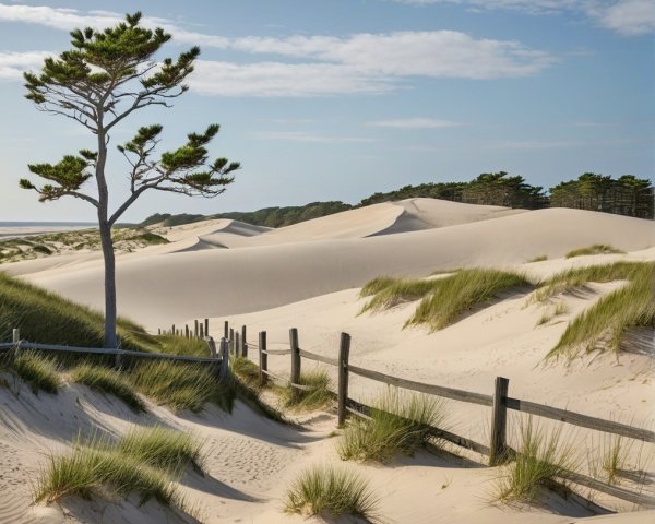 Serene Landscape of Sand Dunes and Tree Under Sky
