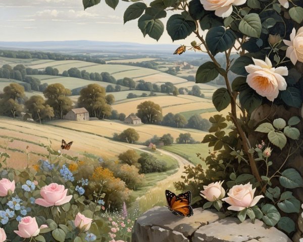 Serene Landscape with Pink Roses and Rolling Hills