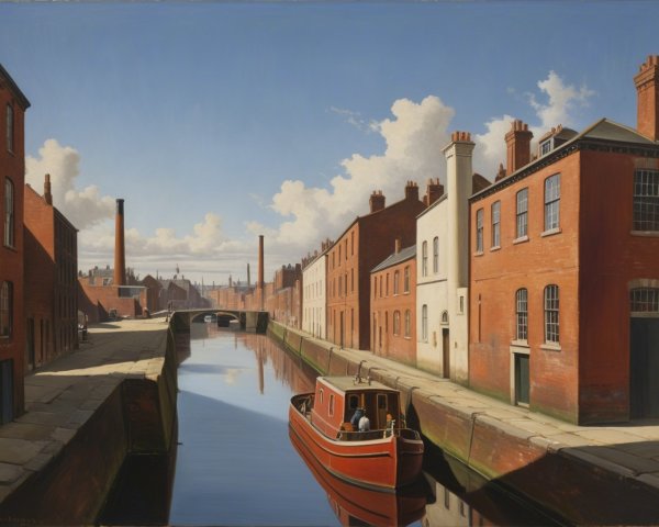 Colorful Narrowboat on Serene Canal with Brick Buildings