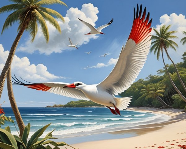 Vibrant Beach Scene with Birds and Palm Trees