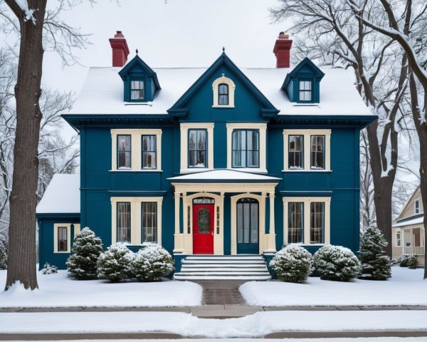 Victorian House in Winter Landscape with Snow and Trees