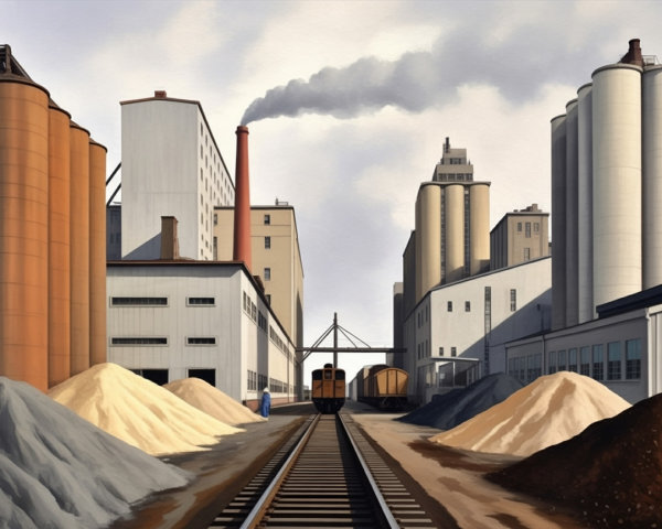 Industrial Scene with Railway Track and Warehouses