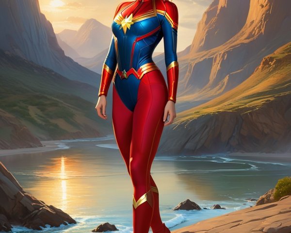 Female superhero in vibrant suit on rocky cliff