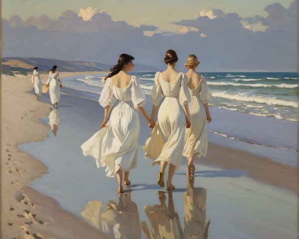 Serene Beach Scene with Women in White Dresses
