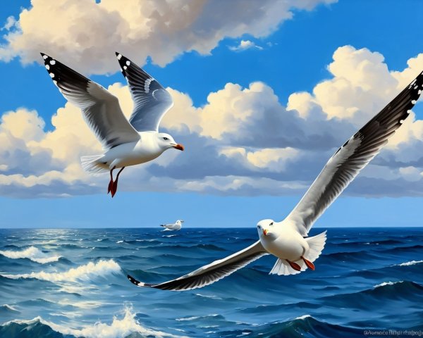 Seagulls Soaring Over Blue Ocean Waves and Clouds