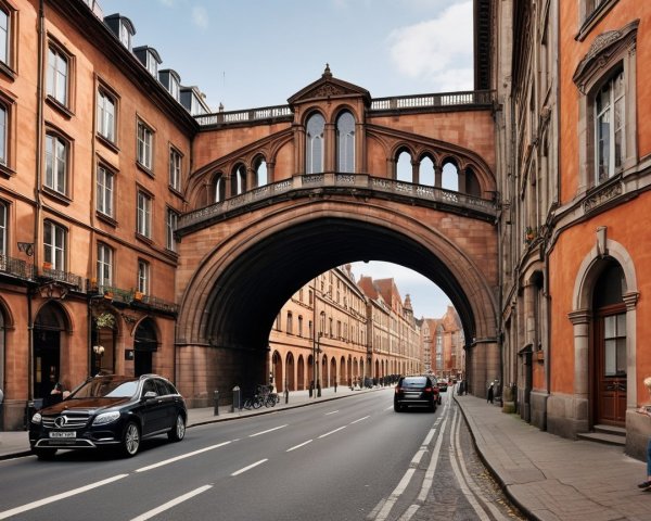 Urban Scene with Stone Arch Bridge and Historic Buildings
