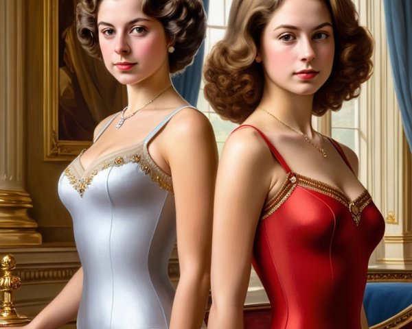 Elegant Young Women in Luxurious Room with Swimsuits
