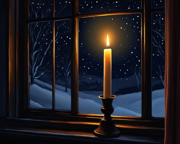 Candle on Windowsill with Snowy Night Landscape