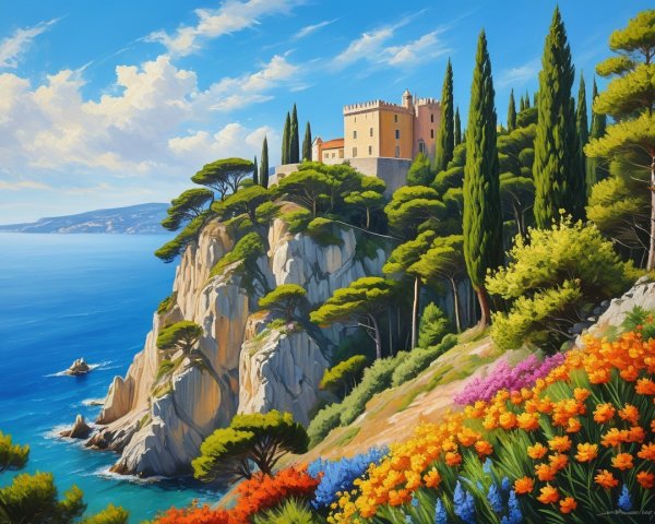 Coastal Scene with Castle and Vibrant Flora