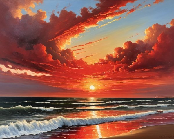Vibrant Sunset Seascape with Tranquil Boat