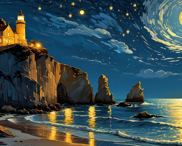 Serene Seaside Scene with Lighthouse and Moonlight