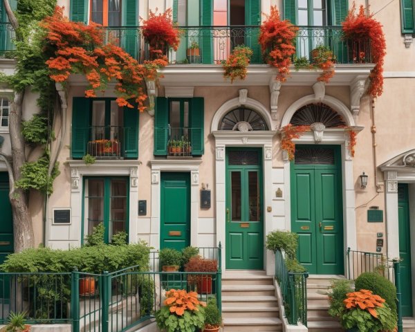 Charming Building with Vibrant Green Doors and Foliage