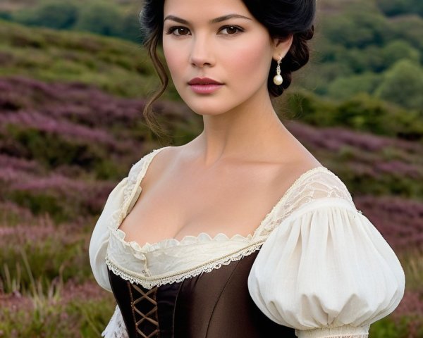 Young Woman in Vintage Gown with Scenic Backdrop
