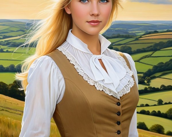 Young woman in vintage dress in countryside setting