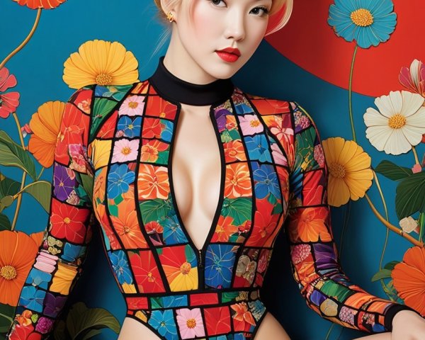 Fashion Illustration of Model in Floral Bodysuit
