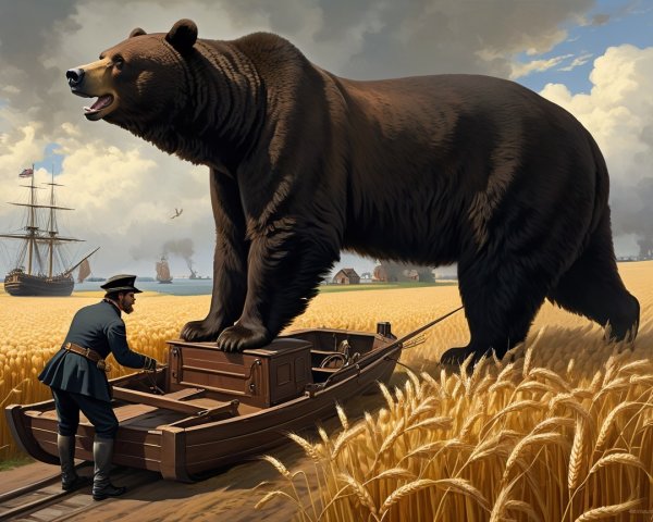 Giant Bear on Boat in Surreal Landscape with Wheat Fields
