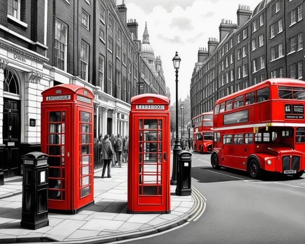 London Street Scene with Red Telephone Boxes and Buses