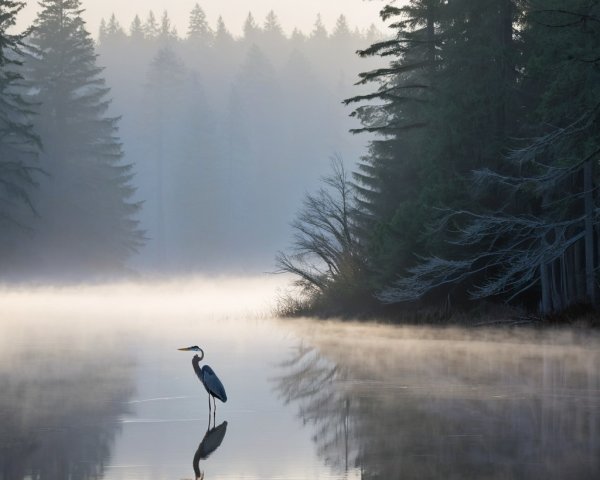 Mist-Covered Lake with Heron and Coniferous Trees