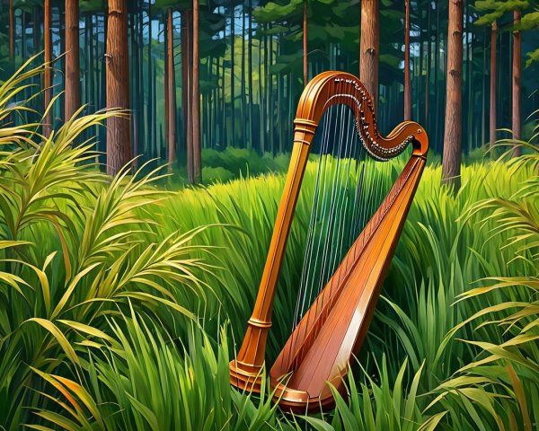 Wooden harp in serene forest with lush greenery