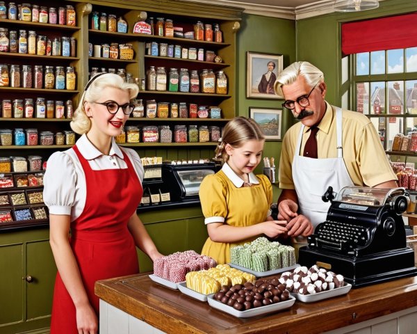 Nostalgic store scene with vintage sweets and characters