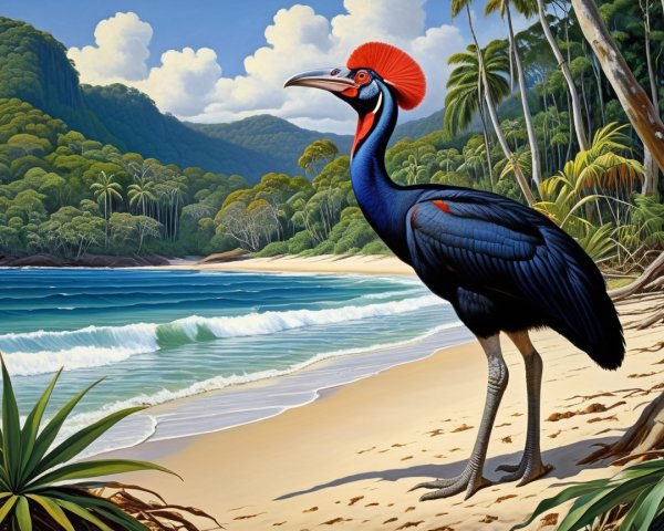 Cassowary on Beach with Lush Mountains and Waves