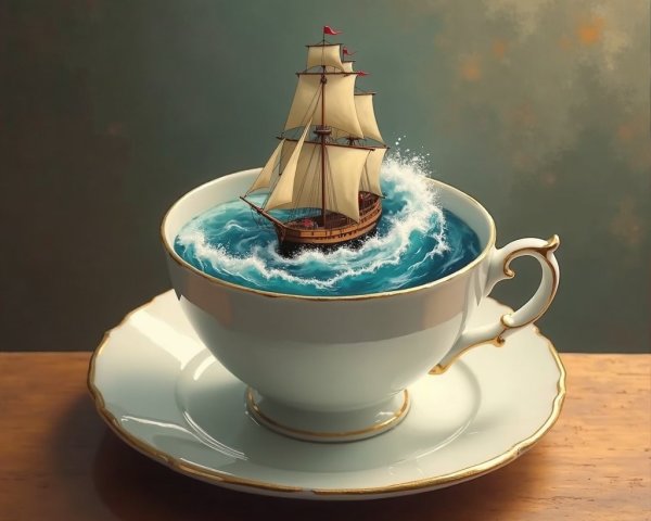 Porcelain Teacup with Miniature Ship in Blue Water