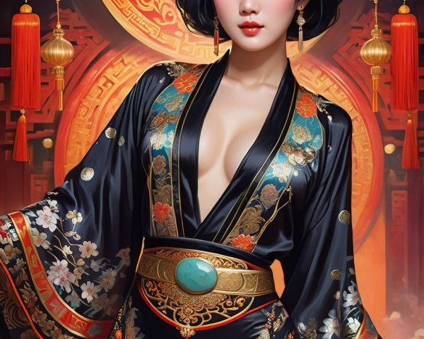 Elegant Woman in Black Kimono with Floral Patterns