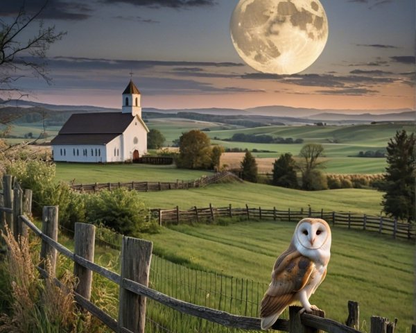 Countryside Scene with Barn Owl and Full Moon
