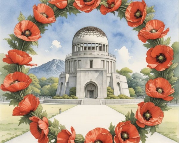 Modern Domed Building Surrounded by Red Poppies
