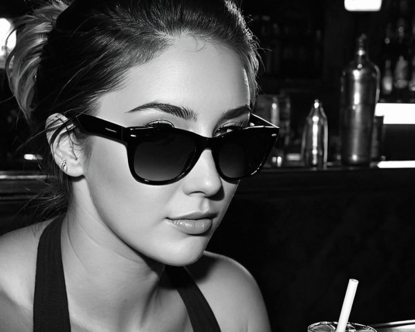 Young woman in sunglasses at a dimly lit bar
