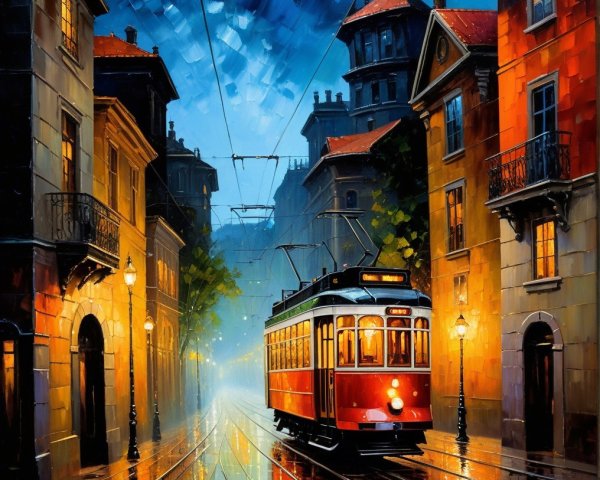 Vibrant cityscape with vintage tram at dusk
