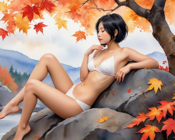 Young Woman Relaxing Among Autumn Leaves and River