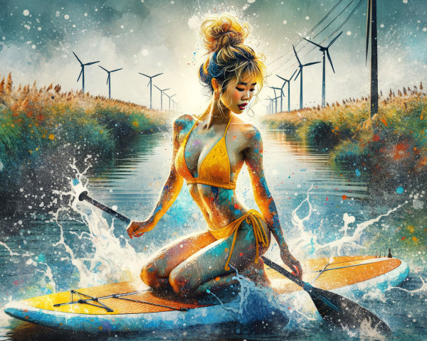 Vibrant Digital Artwork of Paddleboarding Woman