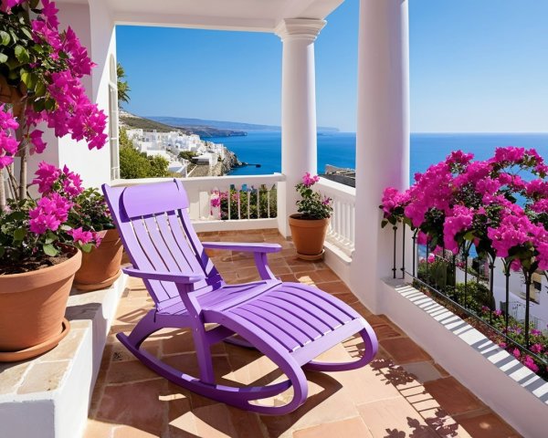 Vibrant Purple Rocking Chair on Sunny Patio with Sea View