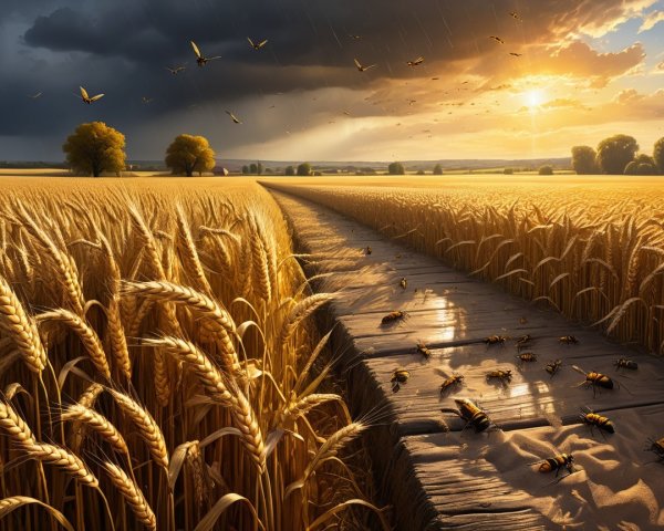 Golden Wheat Fields Under Dramatic Sky and Sunlight