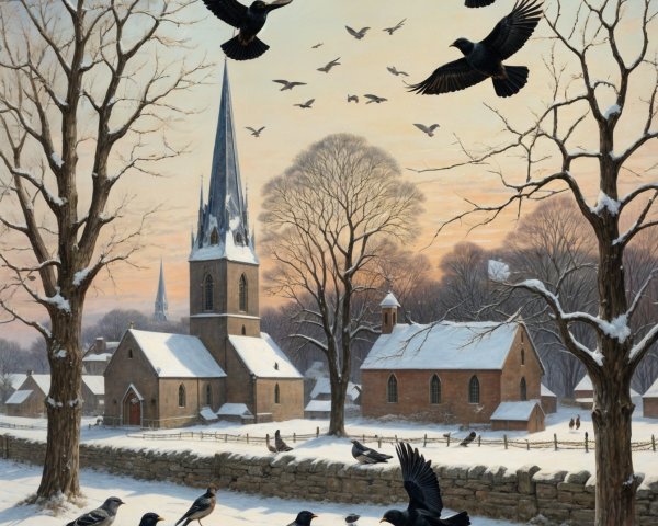 Tranquil Winter Village Scene with Snow and Sunset