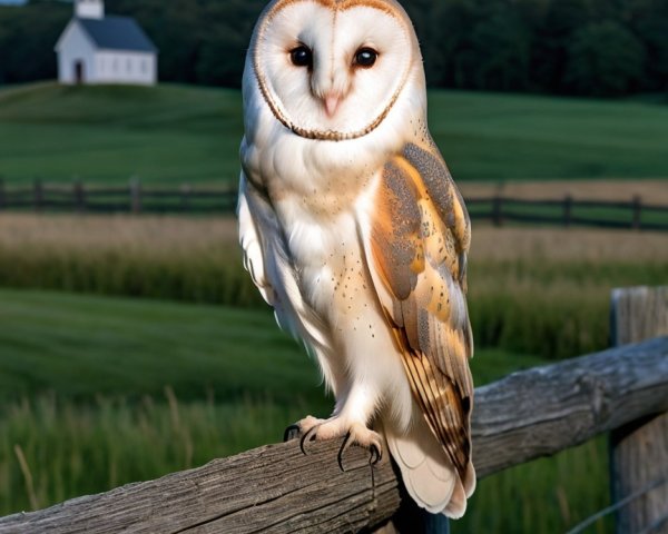 Barn Owl on Fence Post with Church and Moon Background