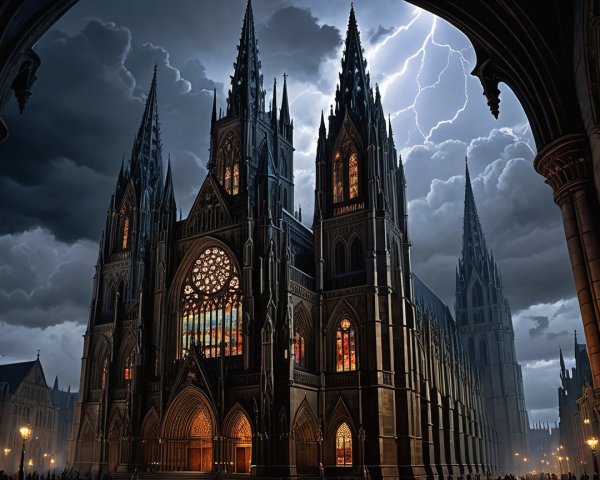 Gothic Cathedral Under Stormy Sky with Lightning
