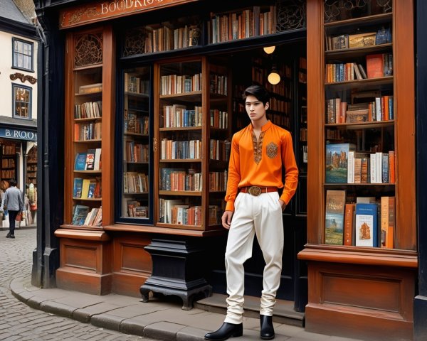 Stylish Young Man Outside Charming Bookstore