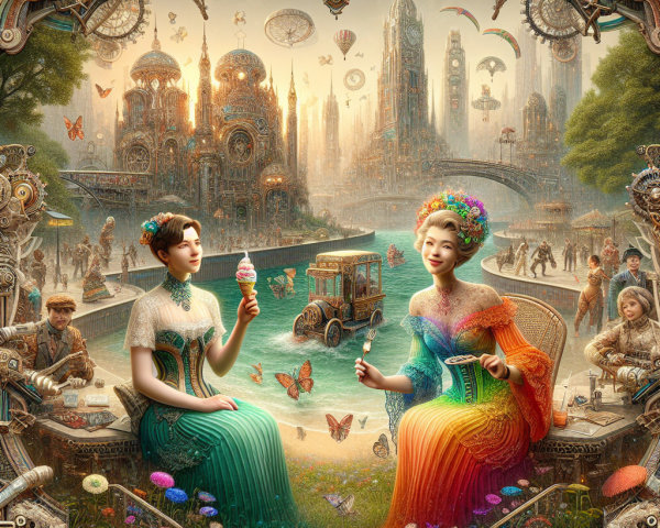 Steampunk Landscape with Women, Ice Cream, and Nature