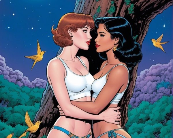 Two Women Embraced in a Lush Forest at Night