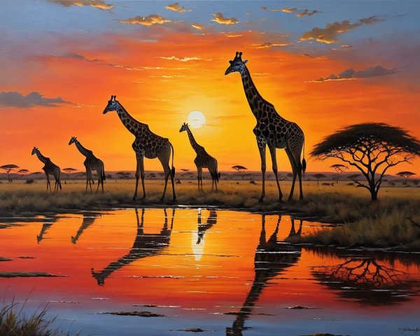 Serene Sunset Over Giraffes by a Tranquil Lake