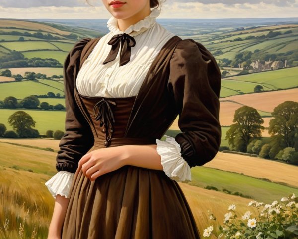 Young Woman in Traditional Dress in Serene Landscape