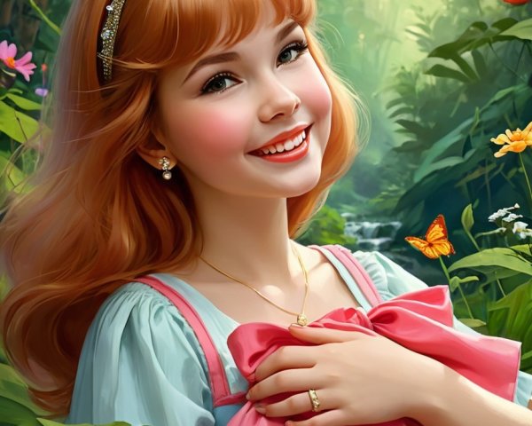 Cheerful young woman in a pink dress in a forest