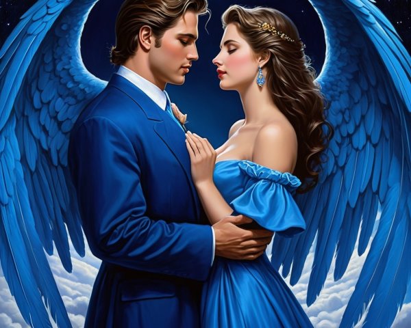 Couple Embracing Under Night Sky with Wings and Moon