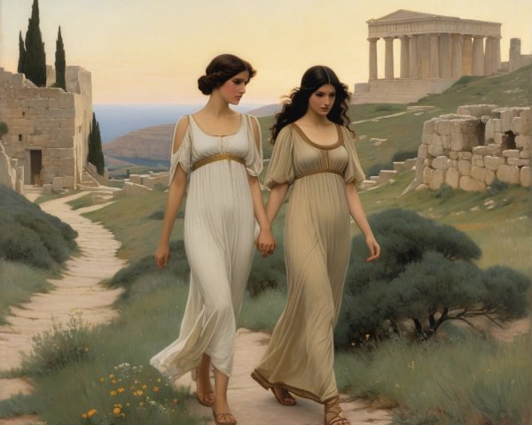 Elegant women in classical dresses amidst ancient ruins