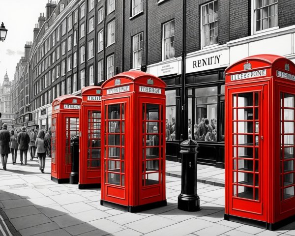 Vibrant Street Scene with Red Telephone Boxes and Cobblestones