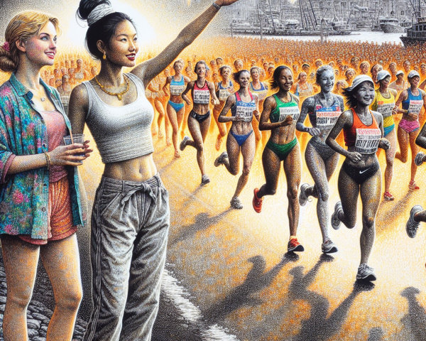 City Marathon with Diverse Female Runners and Landmarks