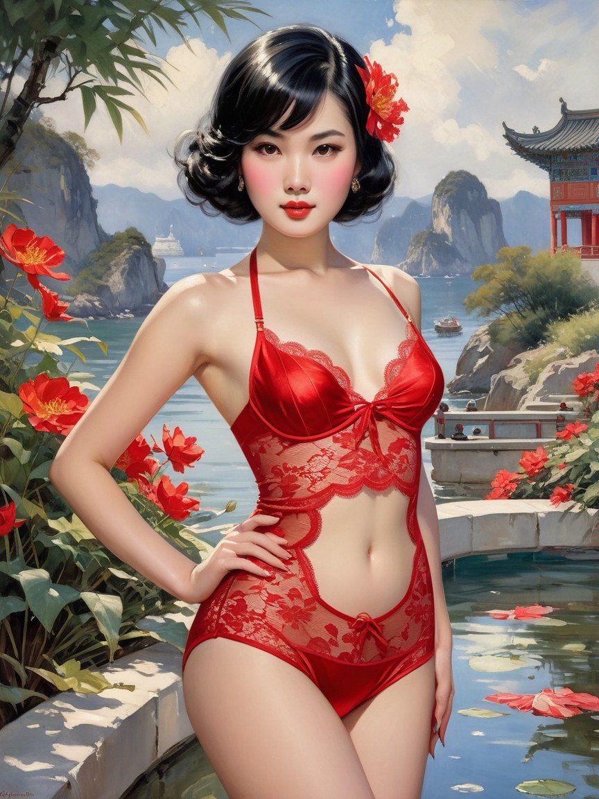 Elegant Woman in Red Lace Lingerie with Scenic Background